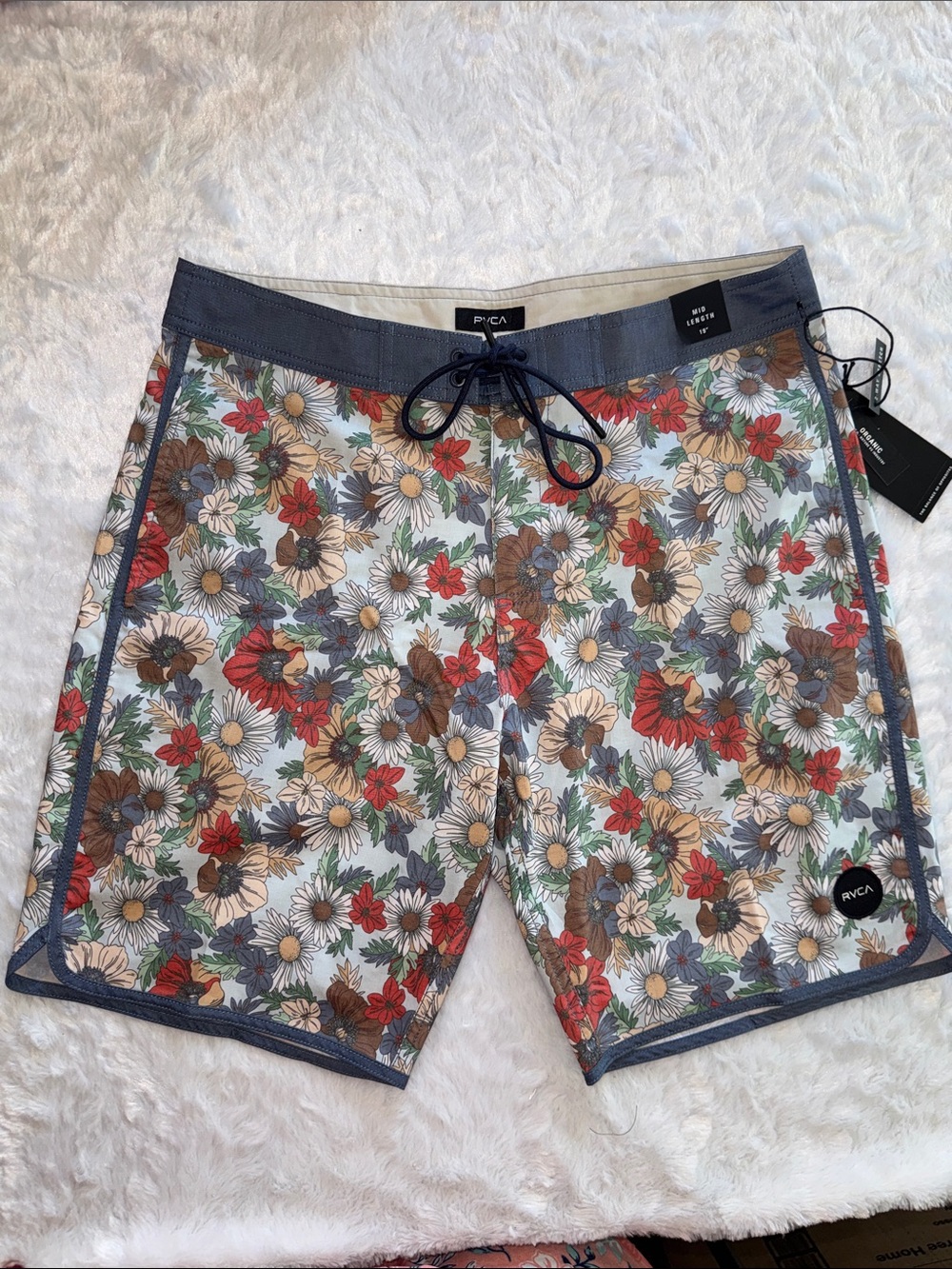 RVCA Men’s Floral Board Shorts in Navy Trim with Red, Brown & Green Print